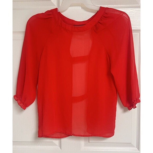 Tops - Petticoat Alley Womens XS Sheer Top Cut-Out Back Red 3/4 Sleeve Sexy Blouse